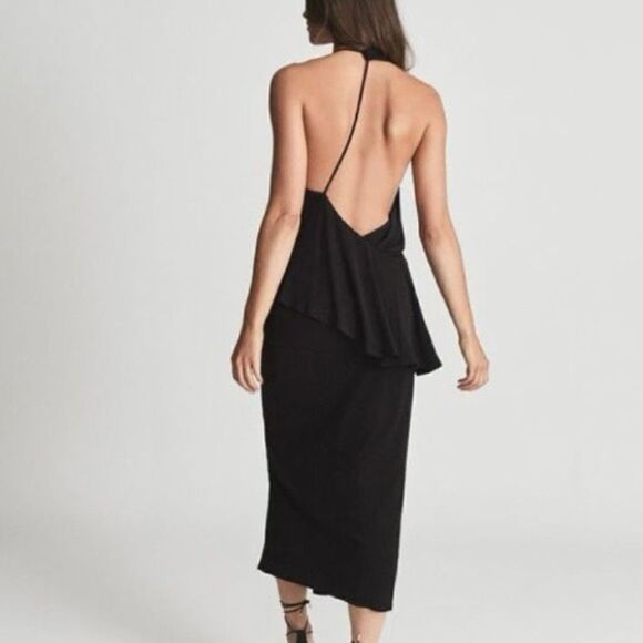 Reiss Xena Asymmetrical Midi Strappy Open Back Cocktail Dress Black UK 12 US 2 - Picture 6 of 13